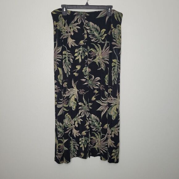 Briggs black green grunge tropical leaf print pull on partial button front skirt - Picture 1 of 6